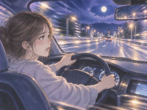 夜道で止められない車のハンドルを握る人物