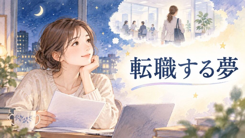 夜の窓辺で新しい職場を思い描く大人の女性