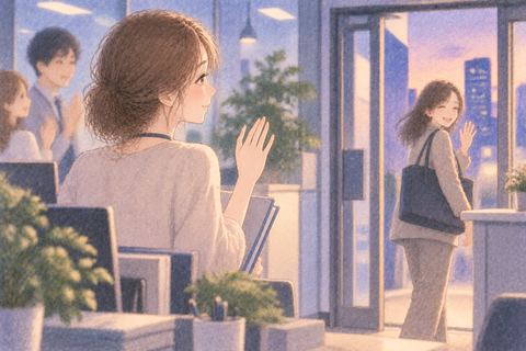 職場を去る同僚を見送る女性