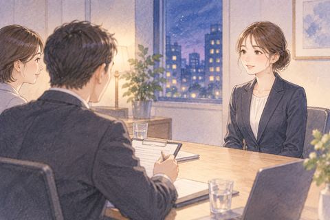 面接室で面接官と向き合う女性