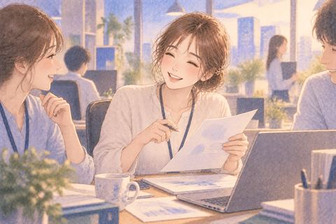 新しい職場で同僚と笑顔で働く女性