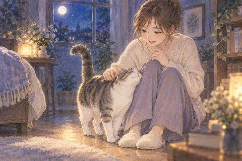 女性の足元へすり寄って甘える猫