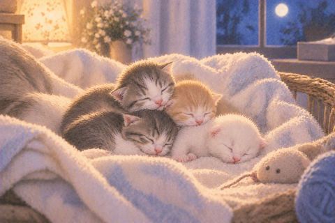柔らかな布の上で寄り添う生まれたばかりの子猫たち