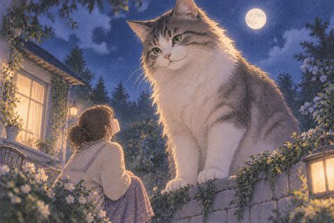 夜の庭で人物より大きく見える猫を見上げる女性