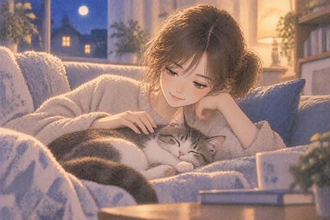 いつもの部屋で飼い猫と寄り添う女性