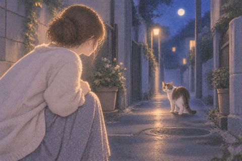 夜の路地で少し離れた野良猫を見つめる女性