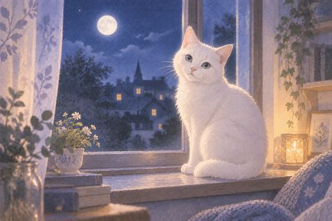 月明かりの窓辺に座る白い猫