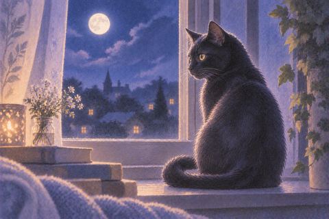 青紫の夜の窓辺で静かに座る黒猫