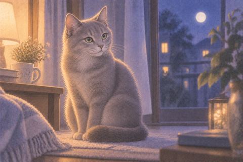 薄明かりの中で静かに佇むグレーの猫