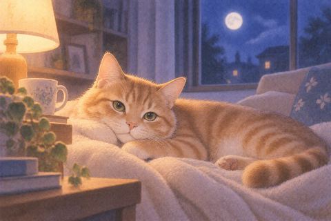 暖かな灯りのそばでくつろぐ茶トラ猫