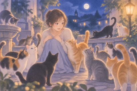 夜の広場で何匹もの猫に囲まれる女性