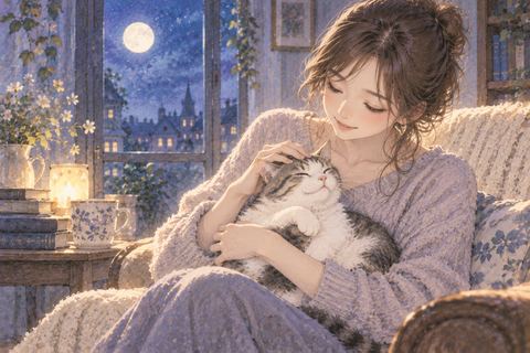 女性が猫をやさしく抱き上げて撫でる場面