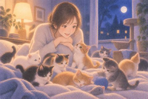 毛布の上に集まるたくさんの子猫を見守る女性