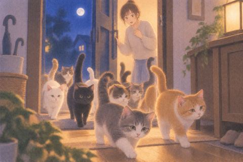 開いた玄関から何匹もの猫が家へ入ってくる場面