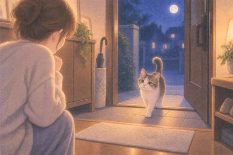 玄関から一匹の猫が室内へ入ってくる場面