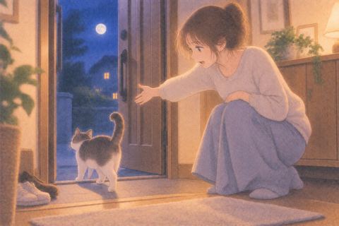 開いた戸口のほうへ猫を促す女性