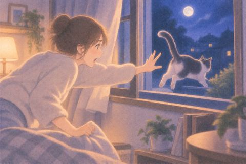 開いた窓から外へ飛び出す猫を追う女性