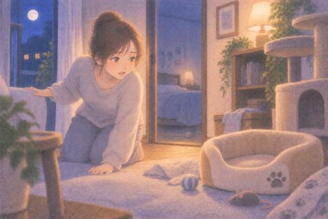 空の猫用ベッドを見つめ部屋を探す女性