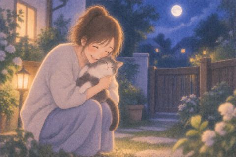 逃げた猫を追いかけてそっと抱き上げる女性