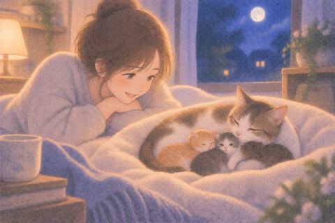 母猫のそばに小さな子猫たちが現れた穏やかな場面