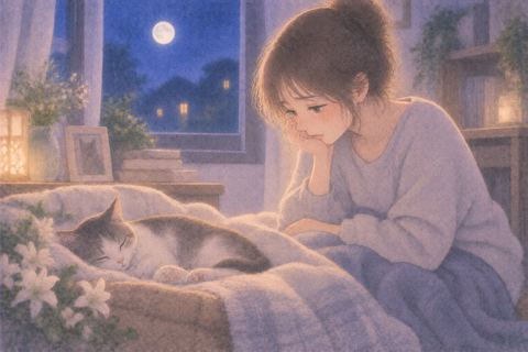 静かに横たわる猫のそばで悲しそうに座る女性