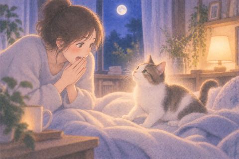 横たわっていた猫が起き上がり女性が驚く夢の場面