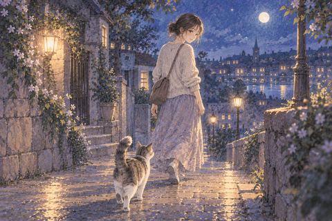 夜道を歩く人物の後ろを猫がついてくる場面