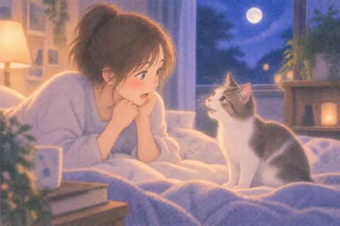 向かい合う女性と猫が会話しているように見える夢の場面