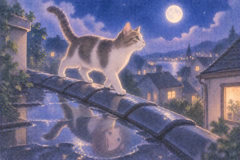猫の姿になって夜の屋根を歩く人物の夢