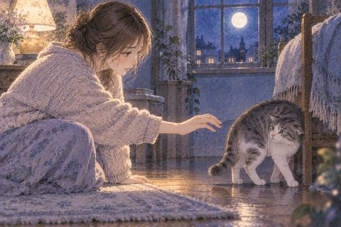 手を伸ばす人物に警戒して身を引く猫