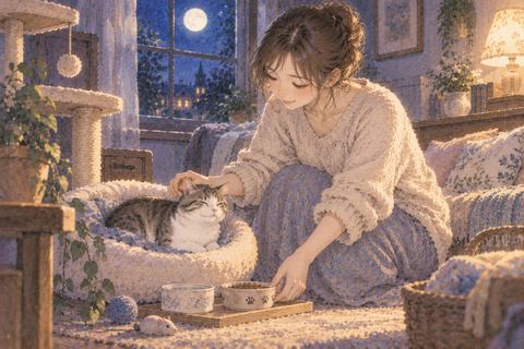 猫の寝床と餌を整える女性と飼い猫