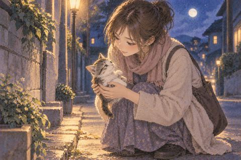 夜道で子猫を見つけてそっと抱き上げる女性