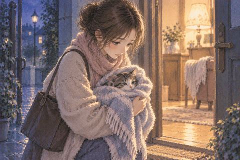 毛布で包んだ猫を安全な場所へ運ぶ女性