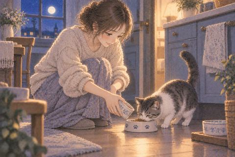 床の餌皿へ食事を置き猫を見守る女性