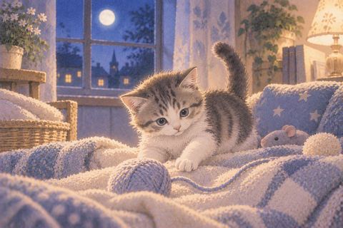 柔らかな毛布の上で遊ぶ小さな子猫