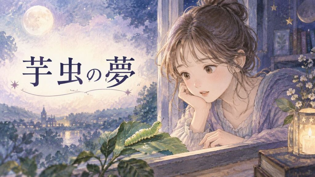 夜の窓辺で芋虫を見つめる大人の女性