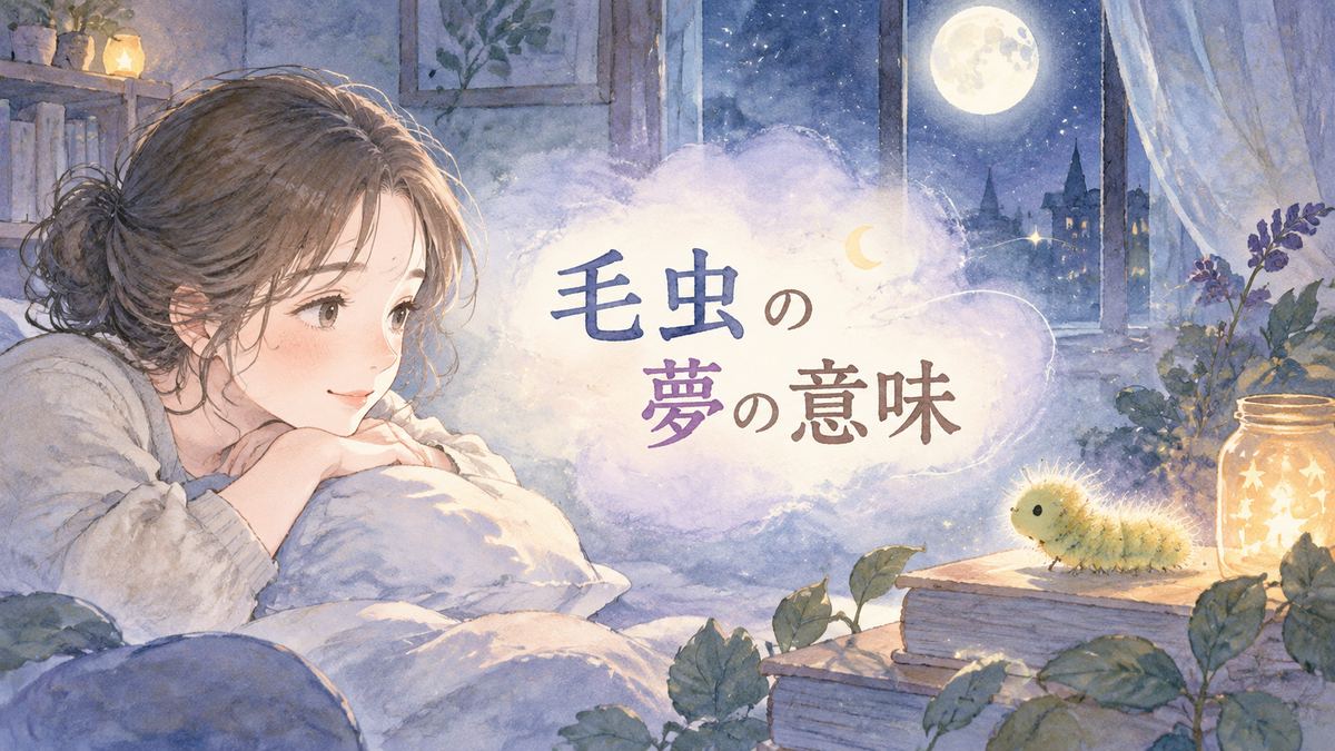 夜の部屋で毛虫と向き合う女性の夢の場面