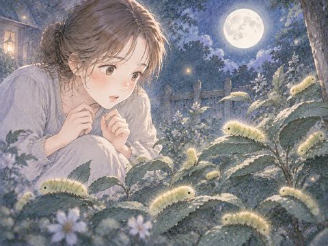 夜の草むらに複数の毛虫がいる場面