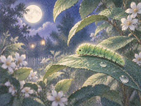 緑の毛虫が葉を進む夢の場面