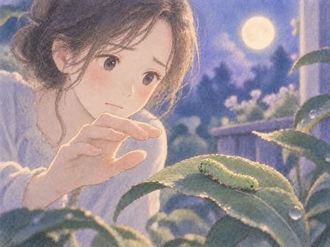 芋虫を前に手を止めている夢の場面