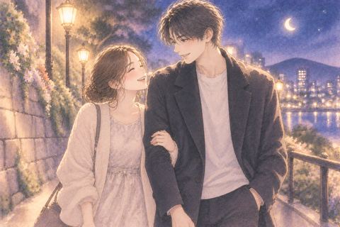 夜道を芸能人風の人物と恋人のように並んで歩く女性