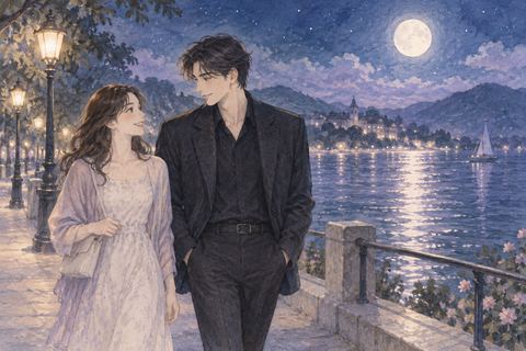 夜の水辺を芸能人風の人物と並んで歩く女性