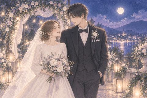 月明かりの式場で芸能人風の人物と並ぶ女性