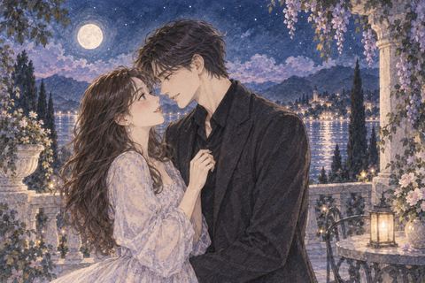月明かりの下で芸能人風の人物と顔を近づける女性