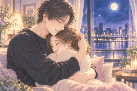 芸能人風の人物に優しく抱きしめられて安心する女性