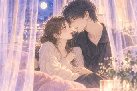 薄いカーテン越しに芸能人風の人物と寄り添う女性の夢