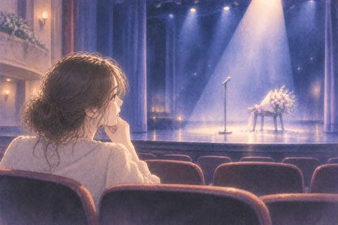 消えていく舞台の光を静かに見つめる女性