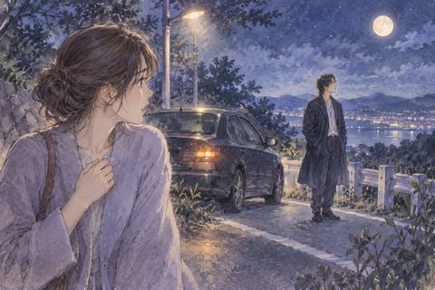 夜道で止まった車と遠くの芸能人風の人物を心配そうに見る女性