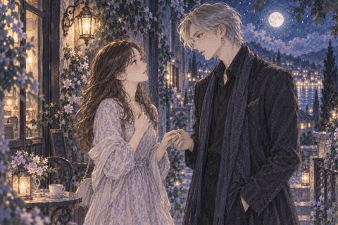 人目を避ける夜の場所で芸能人風の人物と向かい合う女性