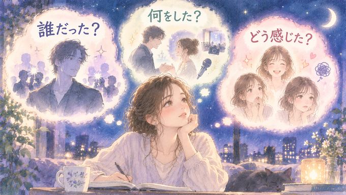 芸能人の夢を人物・行動・気持ちの三つから振り返る女性の図